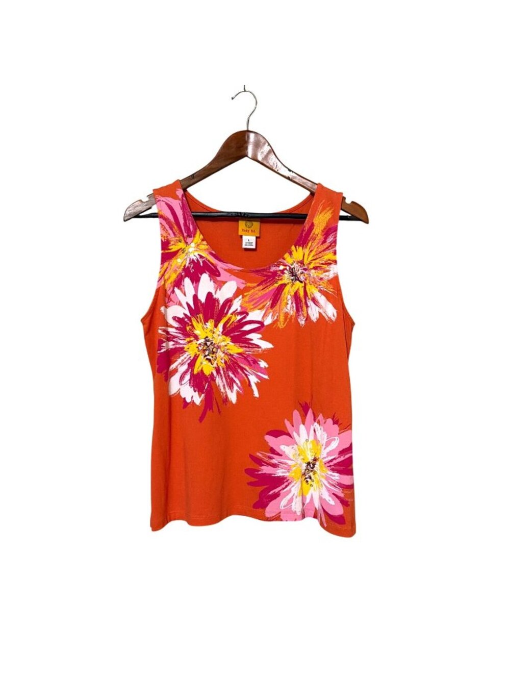 Ruby Rd. Womens Orange Sleeveless Floral Tank Top L Tropical Resort Beach Cruise